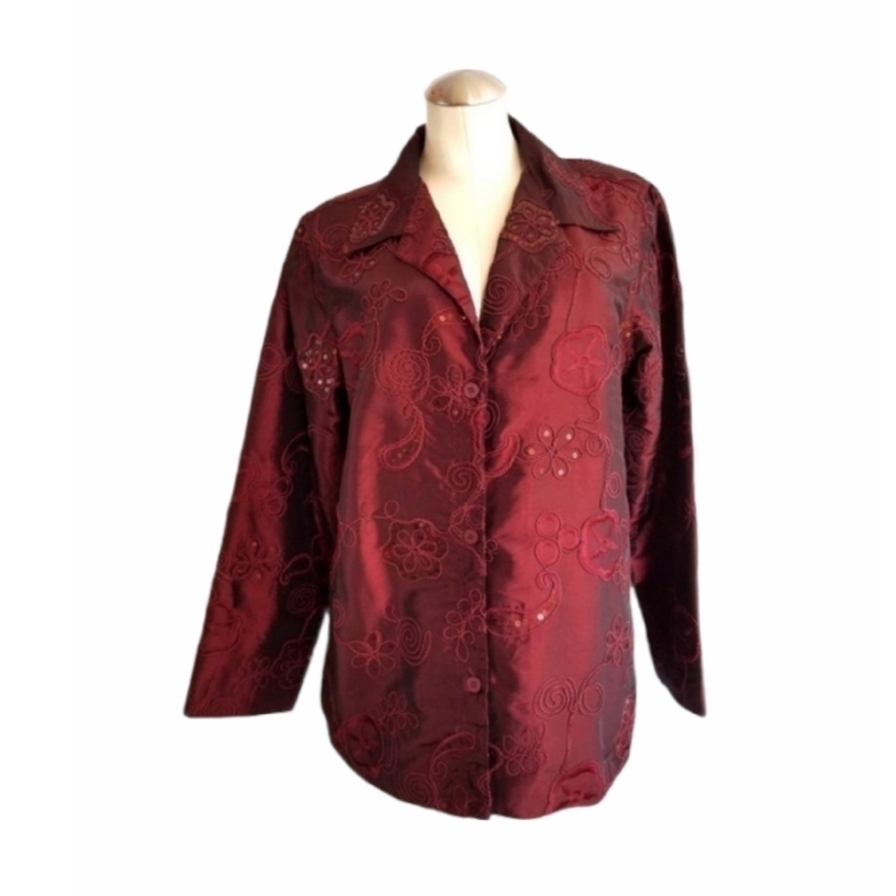 3/$25 Susan Graver Size L Red Blazer Jacket Sequins Embroidery